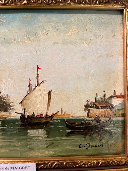null E. JACOB (20ème siècle)
« Marine ». 
Huile sur toile signée en bas à droite...