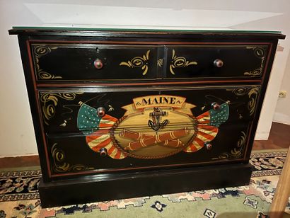 Black lacquered wood chest of drawers, polychrome...