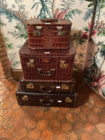 Set of four leather luggage, crocodile style,...