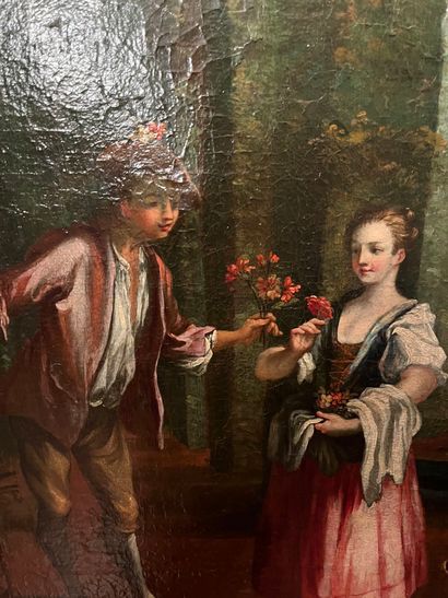 null « Jeune homme offrant des fleurs »
Huile sur toile
18ème ou 19e siècle. 
83...