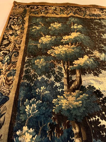 null Aubusson tapestry in wool and silk, greenery animated by a fox and sheep. End...