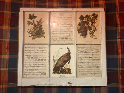 null Lot including:
 a framed piece birds and music scores, polychrome wood panel...