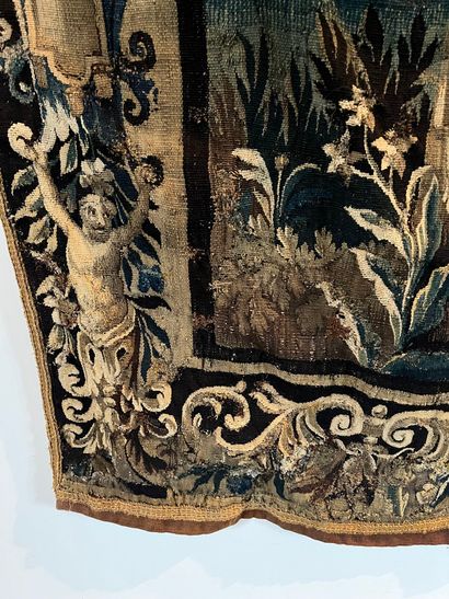 null Aubusson tapestry in wool and silk, greenery animated by a fox and sheep. End...