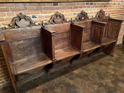 null Suite of three church stalls in walnut with four seats, folding seats. 
H :...