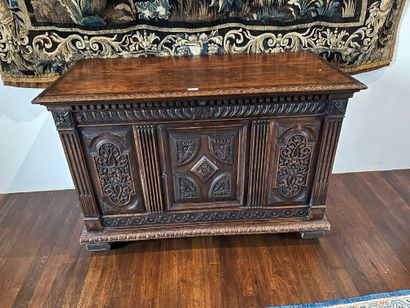 Stained wood chest, boxes with carved decoration...