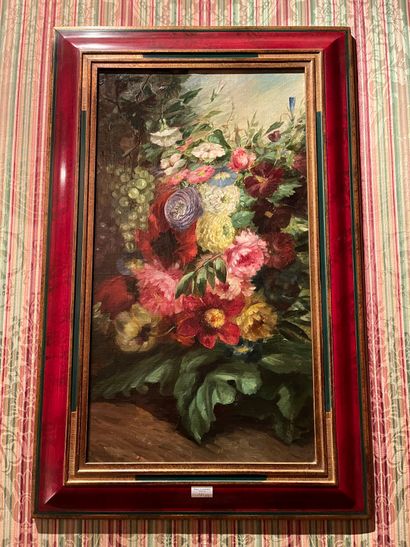 null French school of the 19th century
"Bouquet of flowers 
Two oil on canvas marouflaged...