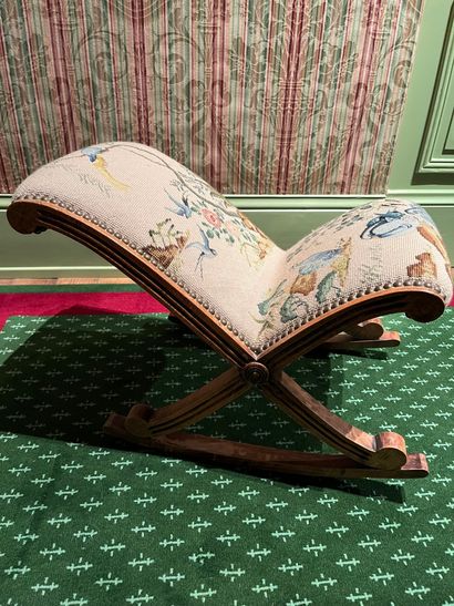 null Footrest in stained wood decorated with a tapestry in small point polychrome...