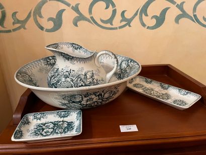 null Lot composed of a pitcher, its basin, soap dish in fine earthenware, printed...
