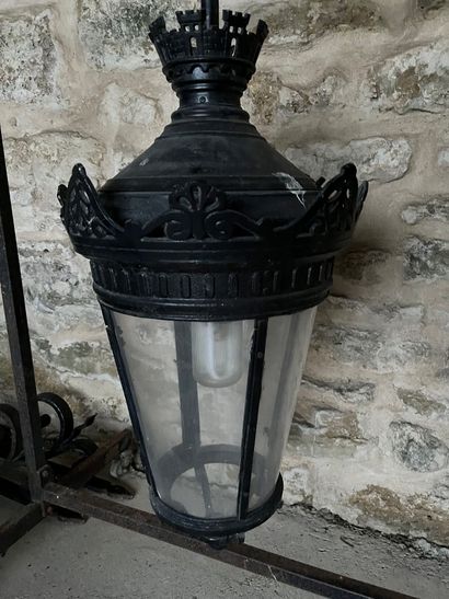 null Pair of lanterns and their gallows in black lacquered metal and plastic glass....