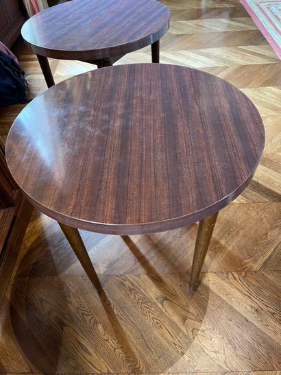 null Pair of round tables or ends of sofa, skirted with a rust lampas with large...