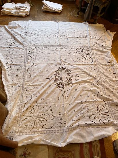 A white cotton bedspread, embroidery of openwork...