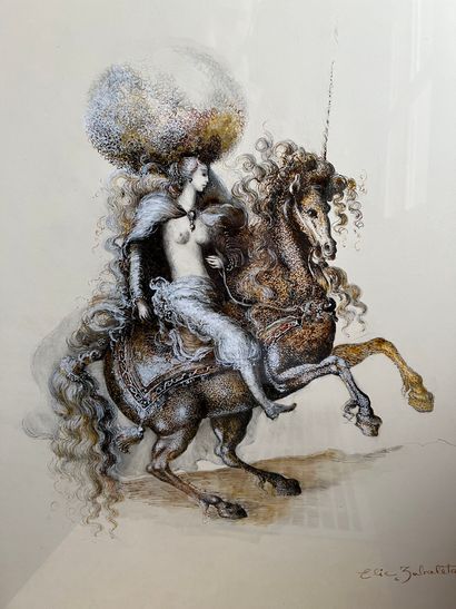 null Elie ZABRALETA (20ème siècle)
« Femme sur une licorne » aquarelle et gouache...