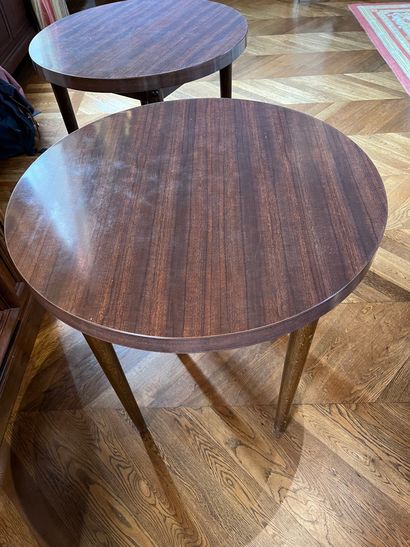 null Pair of round tables or ends of sofa, skirted with a rust lampas with large...