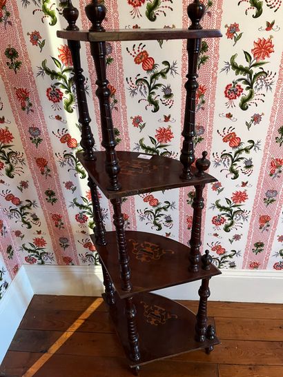 null Mahogany corner shelving unit, four trays with inlaid decoration of a vase,...