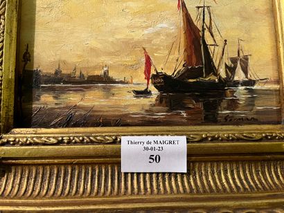 null GERMAN (?)
"Sailing boats, in front of a city".
Oil on canvas signed lower right....