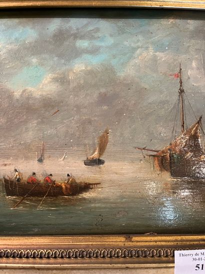 null Pierre-Julien GILBERT (1783-1860)
"Fishing boats on a calm sea".
Oil on panel...