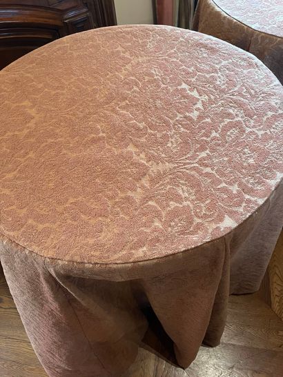 null Pair of round tables or ends of sofa, skirted with a rust lampas with large...