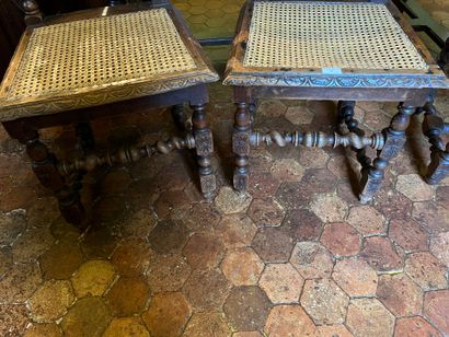 null Suite of three caned chairs in stained wood, high back, uprights carved with...