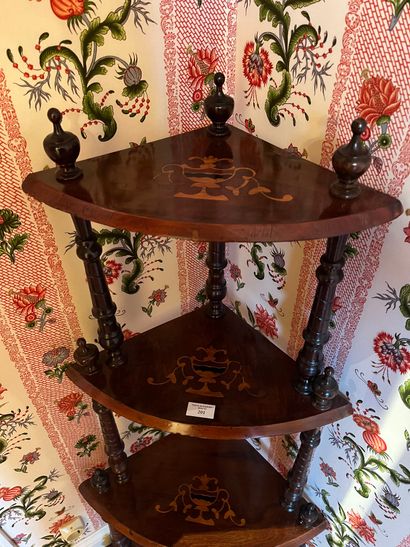 null Mahogany corner shelving unit, four trays with inlaid decoration of a vase,...