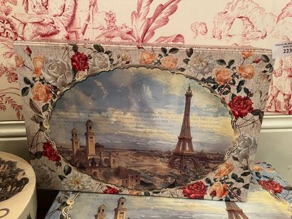 null Set of decorative cardboard boxes, decorated with Eiffel Tower, flowers, birds,...