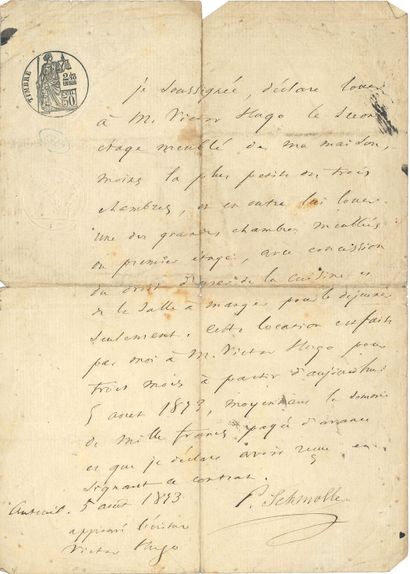 Victor HUGO (1802-1885). P. A. S., Auteuil, 5 août 1873 ; 1 page in-4° avec timbre...