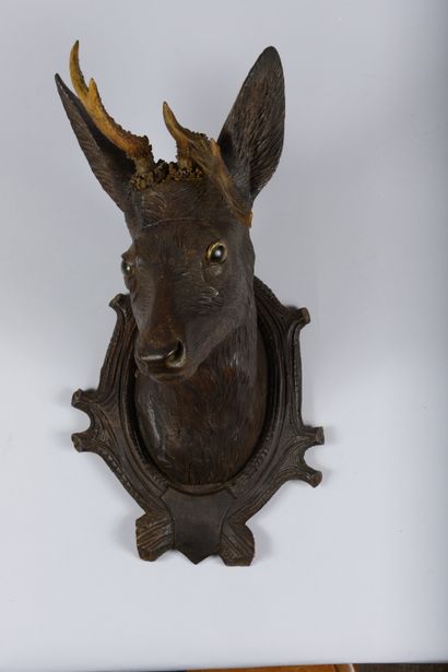 null BLACK FOREST 1900. Bizarre head of deer in carved wood, its eyes in glass and...