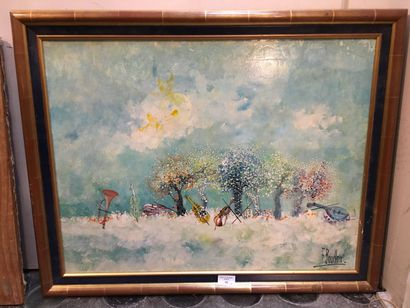 null Cloudy landscape with trees and violins 
Oil on cardboard or isorel bearing...
