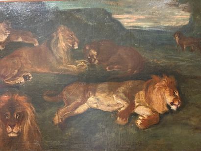 null Attribué à Auguste LANCON (1836-1887) Le repos des lions Huile sur toile 53...