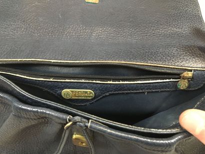 null FENDI: Navy blue grained leather messenger bag, shoulder strap, magnetic flap...