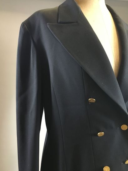 null CHANEL: Navy blue wool gabardine jacket with notched collar, double breasted,...