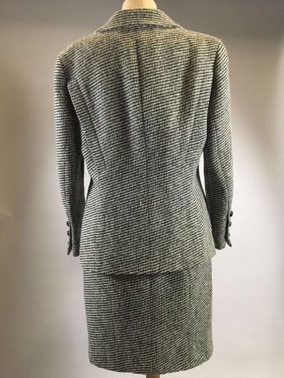 null CHANEL boutique: Fall Winter 1994: Black and white mottled wool skirt suit,...