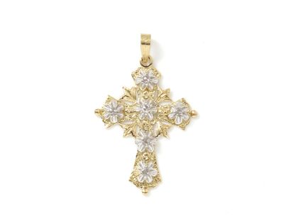 null 2-tone pendant in 750 thousandths gold, holding a cross punctuated with crowned...