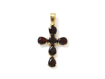 null Cross pendant in 750 thousandths gold, set with claw-set garnet-colored stones....