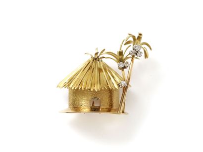 null Gold 750 and platinum 850 thousandths lapel clip, stylizing a hut under coconut...