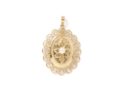 null Oval-shaped pendant in 750 thousandths gold, adorned with a cultured pearl in...