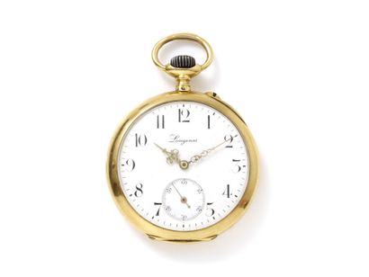 null LONGINES. Pocket watch in 750 thousandths gold, white enamelled dial with painted...