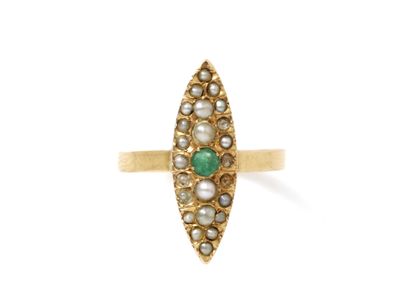 null Small marquise ring in 750 thousandths gold, set with a round faceted emerald...