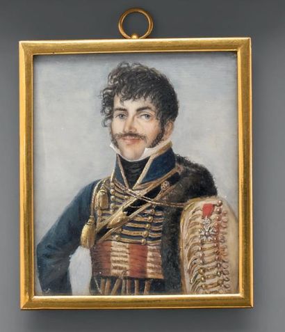 null Miniature rectangulaire sur ivoire: Portrait d'un officier de hussards, dolman...