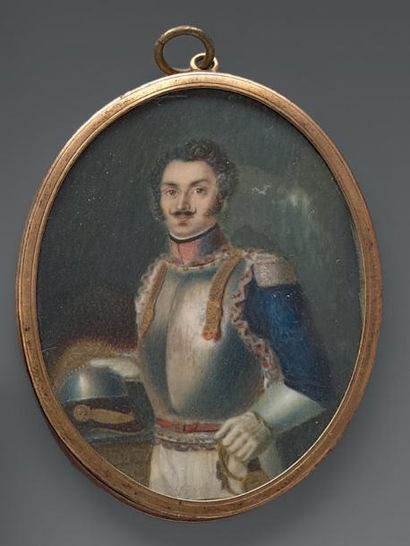 null Miniature ovale sur ivoire: Portrait d'un officier de cuirassiers du régiment...
