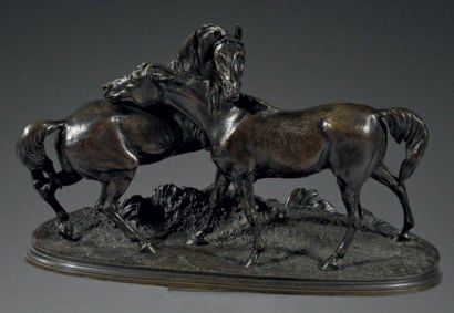 MÈNE Pierre-Jules (1810 - 1879) L'Accolade Épreuve en bronze à patine brune Vers...