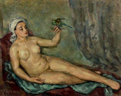 André THOMAS (Né vers 1890) Femme à la perruche, 1930 Huile sur toile, signée et...