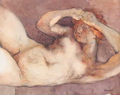 Edouard-Louis HENRY-BAUDOT (1871-1953) Nu les bras levés Fusain et aquarelle, signé...