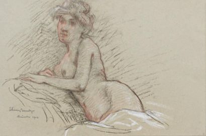 Edouard-Louis HENRY-BAUDOT (1871-1953) Allongée au saut du lit Fusain, crayons de...
