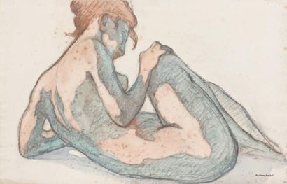 Edouard-Louis HENRY-BAUDOT (1871-1953) Etude pour la nymphe, circa 1897 Fusain aquarellé,...
