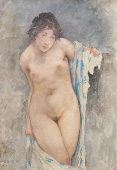 Edouard-Louis HENRY-BAUDOT (1871-1953) Nu au kimono bleu et blanc Aquarelle gouachée,...