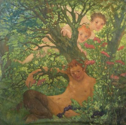 Edouard-Louis HENRY-BAUDOT (1871-1953) Satyre dans les arbres Gouache, signée du...