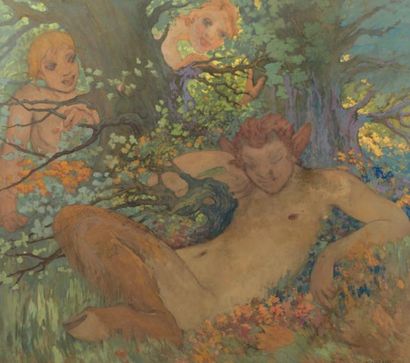 Edouard-Louis HENRY-BAUDOT (1871-1953) Satyre dans les arbres Gouache, signée du...