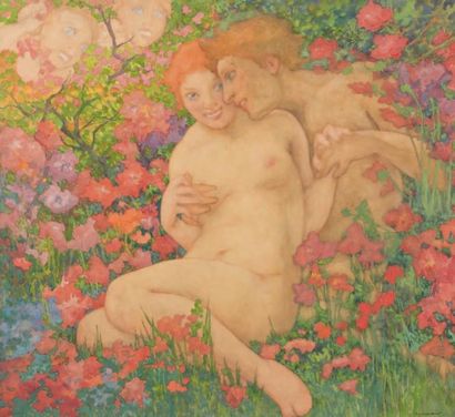 Edouard-Louis HENRY-BAUDOT (1871-1953) L'Amour Aquarelle et gouache, signée du cachet...