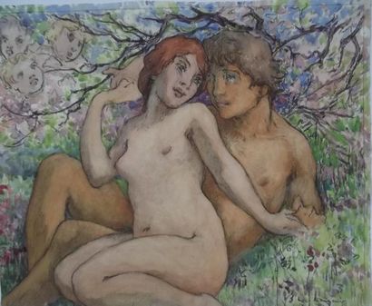 Edouard-Louis HENRY-BAUDOT (1871-1953) L'amour Aquarelle et gouache, signée du cachet...