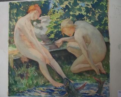 Edouard-Louis HENRY-BAUDOT (1871-1953) Au bord du bassin Aquarelle et gouache, signée...
